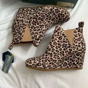 TOMS cheetah wedge booties